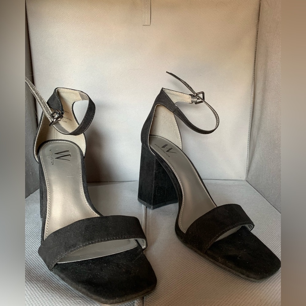 Worthington, black, dressy strappy, heeled open toed shoes.  Size 7.5 worn 1x